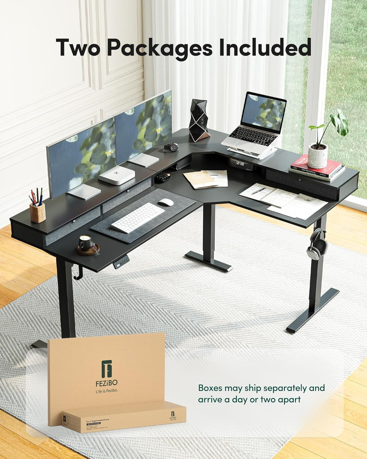 L Shaped Electric Standing Desk, 63 X48 Inch Large with Drawers | Reversible Tabletop, 2 Memory Height Settings | Home Office & Gaming Height-Adjustable Table, Black Top/Black Frame