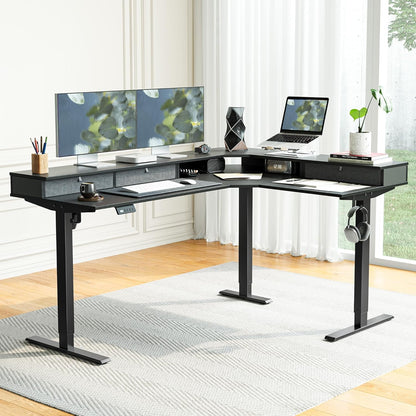 L Shaped Electric Standing Desk, 63 X48 Inch Large with Drawers | Reversible Tabletop, 2 Memory Height Settings | Home Office & Gaming Height-Adjustable Table, Black Top/Black Frame