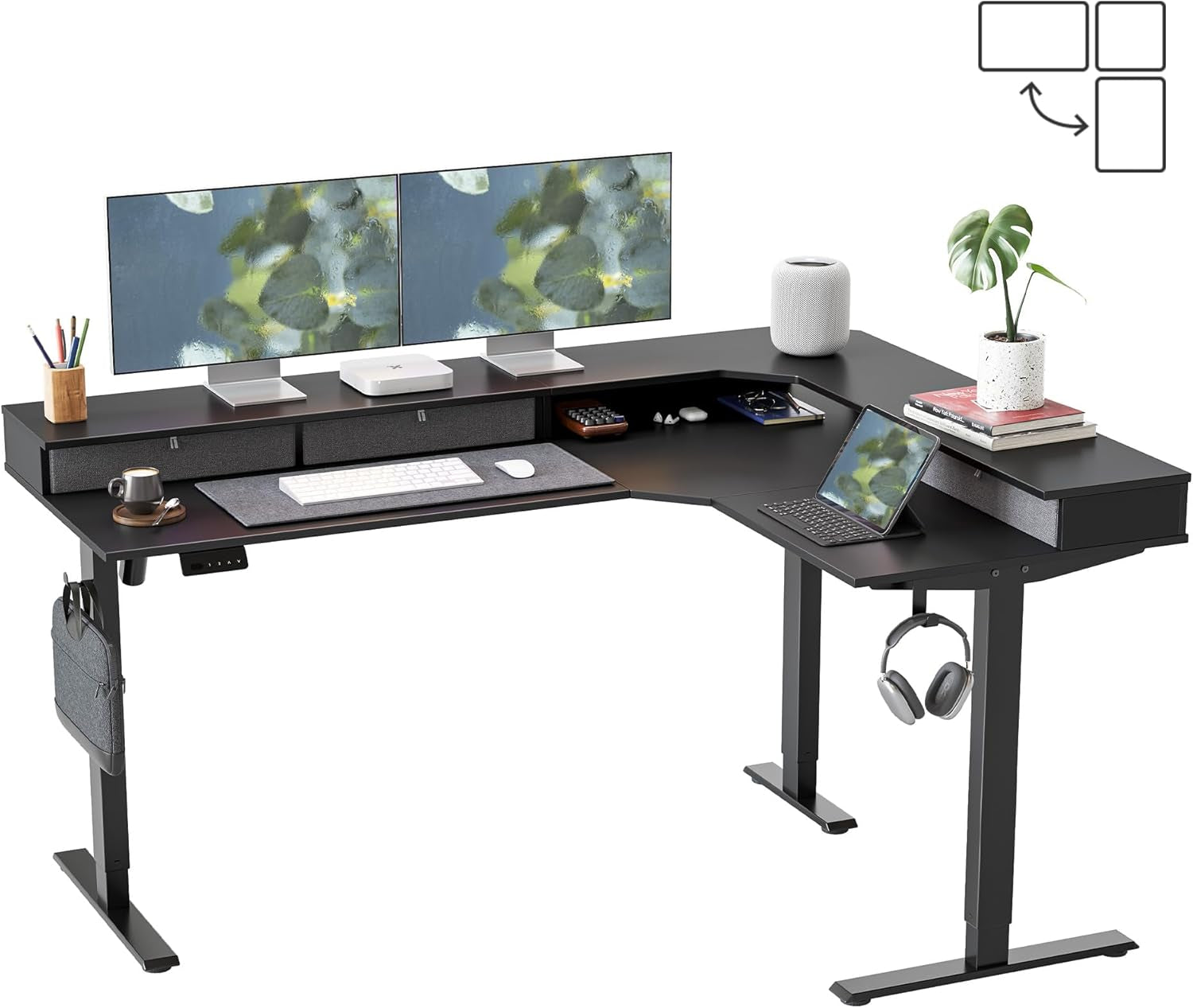 L Shaped Electric Standing Desk, 63 X48 Inch Large with Drawers | Reversible Tabletop, 2 Memory Height Settings | Home Office & Gaming Height-Adjustable Table, Black Top/Black Frame