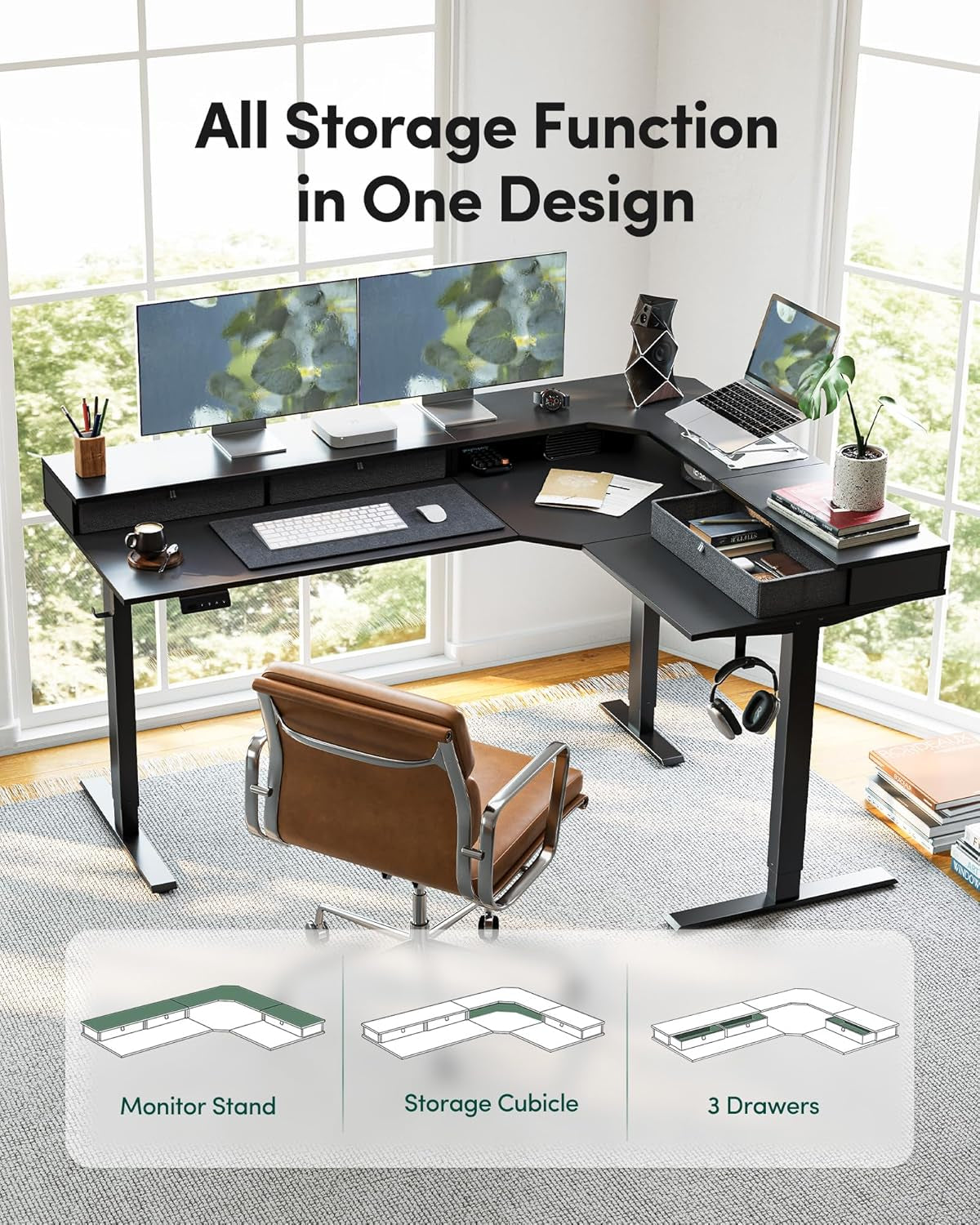 L Shaped Electric Standing Desk, 63 X48 Inch Large with Drawers | Reversible Tabletop, 2 Memory Height Settings | Home Office & Gaming Height-Adjustable Table, Black Top/Black Frame